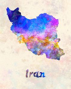 a watercolor map of the country of iraq in blue, purple and yellow poster