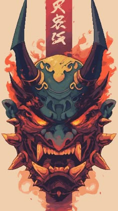 an illustration of a demon mask with red and yellow paint