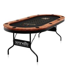 a black table with a wooden top and two holes in the middle, on a white background