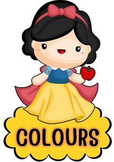 a cartoon girl with an apple and the words colours on her chest, in front of a