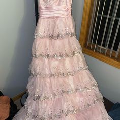 It’s Pink Color Beautiful Dress With Beads On It Pink Masquerade Dress, Light Pink Masquerade Dress, Pink Princess Dress With Lace Patchwork, Phantom Of The Opera Pink Dress, Pink Victorian Dress With Ruffles In Marie Antoinette Style, Pink Color, Beautiful Dresses, Prom, Prom Dresses