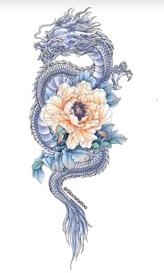 a dragon and flower tattoo design on a white background