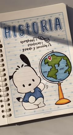 a notebook with an image of a cartoon character holding a globe