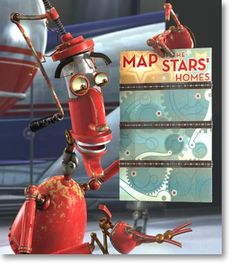 a red robot holding a sign that says map stars homes