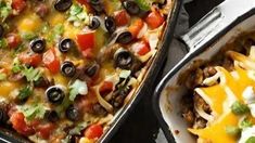 two casserole dishes filled with taco meat, cheese and black olives