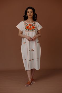 MARGARITA HUIPIL / TANGERINE Mexico Vibes Outfits, Traditional Latin American Clothes, Mexican Outfit Traditional, Mexican Look Outfits, Traditional Mexican Dress Jalisco, Mexican Inspired Clothing, Oaxaca Wedding Dress, Mexican Traditional Clothing Women, Bohemian Dresses With Geometric Embroidery For Traditional Ceremonies