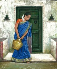 a painting of a woman holding a bucket and standing in front of a green door