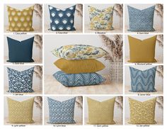 pillows with different patterns and sizes on them, all in blue and yellow colors are shown