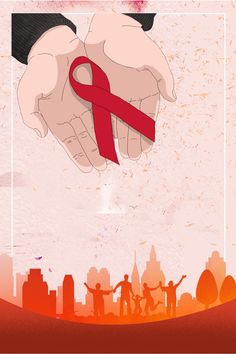 two hands holding a red ribbon in front of a cityscape with the words aids written on it