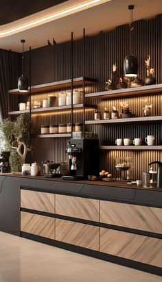 a kitchen with lots of counter space and shelves filled with coffee pots, cups and saucers