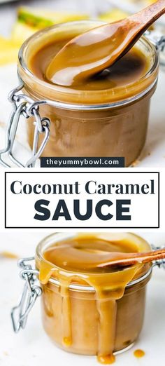 homemade coconut caramel sauce in a glass jar with a wooden spoon on the side