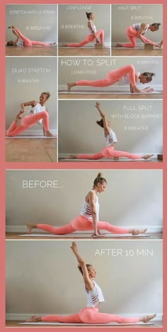 a woman doing yoga poses with her hands in the air