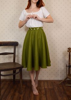 🍂  Linen circle skirt with embroidery waistband. You can twirl all day long in this gorgeous full circle skirt! Material: Linen 100% Skirt length: 60cm Season: Spring, Summer, Autumn Multiple color options Handmade in Slovakia Size Guide in cm: XS: 60-66 (waist) S: 67-71 (waist) M: 72-76 (waist) L: 77-85 (waist) In order to make it more suitable for you please write your waist measurement when ordering. This skirt is designed with an invisible zipper. Thank you for visiting our shop! 🧡 Visit o Linen Circle Skirt, Skirt With Embroidery, Pretty Costume, Skirt Linen, Circle Skirts, Embroidery Skirt, Full Circle Skirt, Skirt For Women, Full Circle Skirts