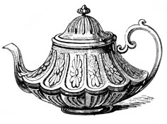 an antique teapot is shown in black and white, vintage line drawing or engraving