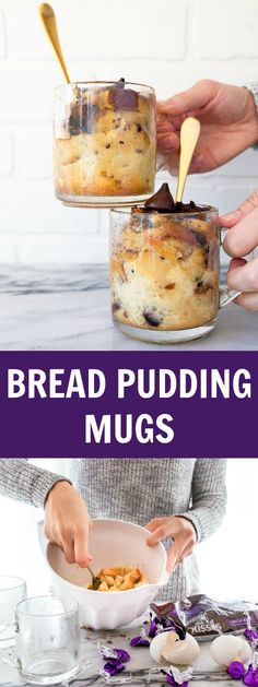 two images showing how to make bread pudding in mugs with text overlay that reads, bread puddinging mugs