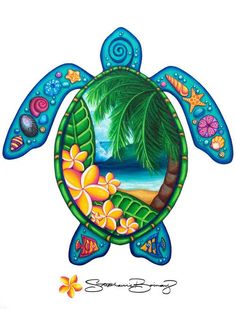 a painting of a sea turtle with tropical flowers and shells on it's back