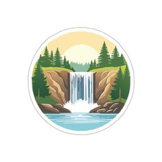 a sticker with a waterfall and trees in the background