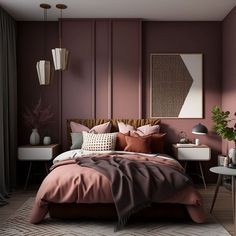 a bedroom with a bed, nightstands and paintings on the wall in shades of pink