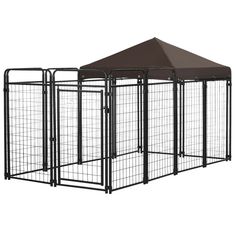 an outdoor dog kennel is shown with the top open and side doors closed to allow dogs