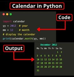 the calendar in python code is displayed with an arrow pointing to it's date