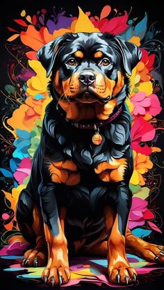 a black and brown dog sitting on top of a colorful background