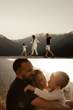 a family walking in the mountains with their arms around each other