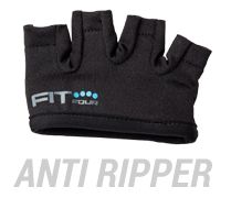 a pair of black gloves with the word fit on it and an image of a blue logo