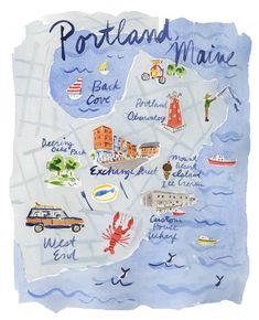 a watercolor map of portland, maine with the names and locations in blue ink