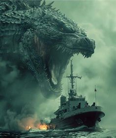 godzilla attacking a ship in the ocean