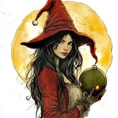 a drawing of a witch holding a green ornament