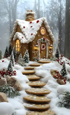 a gingerbread house in the middle of a snowy forest with steps leading up to it