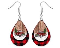 Buffalo Plaid Red truck Tear Drop Earrings -Mini Teardrop Earrings - Lightweight Statement earrings Size - size is 1.5″ x 1″ They are 1/8 thick. Image is printed on one side. These are made form MDF - laser cut then sublimated with the image - Super cute and fun accessory for the holidays. Earring findings are Stainless steel. These come in a gift box for protection during shipping and easy gifting! Please message me with any questions. Plaid Earrings, Buffalo Plaid Christmas Tree, Christmas Tree Truck, Plaid And Leather, Large Statement Earrings, Plaid And Leopard, Red Buffalo Plaid, Plaid Christmas Tree, Valentines Earrings