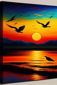 Wall art sunset for decor of a living room Landscape Paintings For Kids, Beautiful Landscapes Paintings Acrylics, Landscape Paintings Sunset, Acrylic Sunset Painting, Sunset Painting Easy, Beach Canvas Paintings, Beach Sunset Painting, Sunset Landscape Painting, Canvas Painting For Beginners