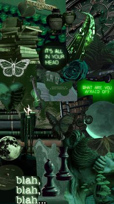 a collage of green and black images