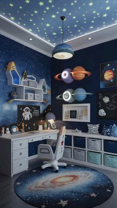 a child's room with stars and planets on the ceiling, blue walls and white furniture