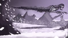 an animated image of a skeleton flying over a snowy mountain range with mountains in the background