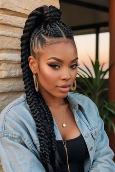 Cornrow With Box Braids, Stitch Cornrows, Goddess Cornrows, Goddess Braid Ponytail, Braids With Bangs, Goddess Braid, Ponytails Braids, Braids Goddess, Cornrow Ponytail