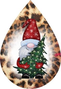 an image of a gnome with a christmas tree in a leopard print tear shaped ornament