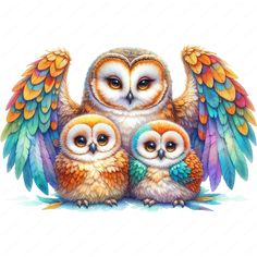 three owls sitting on top of each other with wings spread out to the side and one owl