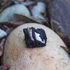 a black and white ring sitting on top of a rock