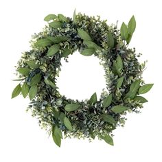 a wreath with green leaves and blue berries on it's side, isolated against a white background