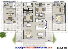 the floor plan for an apartment building with three bedroom and two bathroom areas on each side