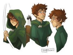 three young men dressed in green hoodies and holding arrows