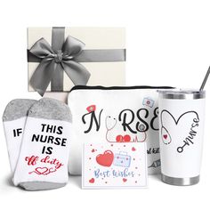 the nurse gift set includes two mugs, socks, and a note card with a bow