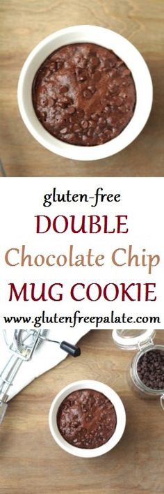 two bowls of chocolate chip mug cookies on a wooden table with the words gluten free double chocolate chip mug cookie