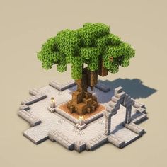 a low poly model of a tree in the middle of a stone area with two people standing around it