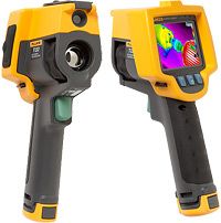 two yellow and black handheld cameras are facing each other, one with a camera on it's side