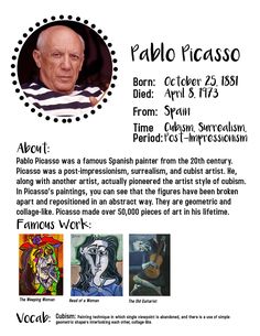 an advertisement for the exhibition called pablo picasso, featuring portraits of famous artists