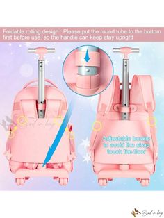 Bird in Bag - Water Resistant 21 Inch Rolling Backpack for Girls and Women - Wheeled Bookbag with Lunch Bag - Ideal for Teenagers, Elementary School and Travel - Stunning Pink Adjustable Pink Backpack For Back To School, Pink Adjustable Backpack For Back To School, Adjustable Backpack For End Of School Year, Adjustable Pink School Bag, Adjustable Standard Backpack For Students, Rectangular Pink Bag For School Events, Rectangular Pink School Event Bag, Adjustable Backpack For Back To School, Rolling Backpacks For School