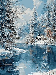 a painting of snow covered trees and a river in the foreground with a cabin on it